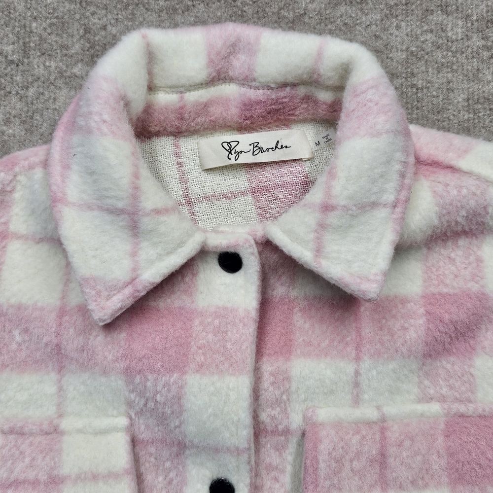 Lyn Burches Pink White Plaid Fuzzy Sherpa Shacket Cropped Boxy Jacket M - Picture 10 of 15